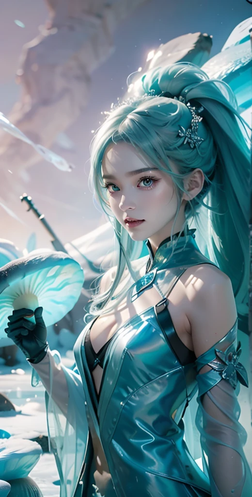Frost Goddess,Frozen fluid,Ice World,ice,1girl,solo,black legwear,boots,breasts,fur trim,The huge ice mushroom ,Ice pillars, ice mushrooms,Frozen ground,full body,super cuteness),(delicate face),(realistic(digital_gun,skin,face)),soft makeup,(Stunningly beautiful),grey eyes,hair ornament,long hair,hatsune miku , aqua hair, twintails, long hair,detached sleeves, looking at viewer, pantyhose,silver hair,smile,solo,standing,best quality, masterpiece, realistic, photorealistic, simple background, blue ice background,(CG gameartstyle), (High dynamic range), Ray tracing, NVIDIA RTX, Super Resolution, Subsurface scattering, PBR Texturing, Post-processing, Anisotropy Filtering, depth of fields, Maximum clarity and sharpness, Multilayer textures, Albedo and specular maps, Surface Shading, Precise simulated light material interactions, Perfect proportions, Octane Rendering, Two-tone lighting, Wide aperture, Low ISO, White Balance, thirds rule, 64K RAW,vivid color