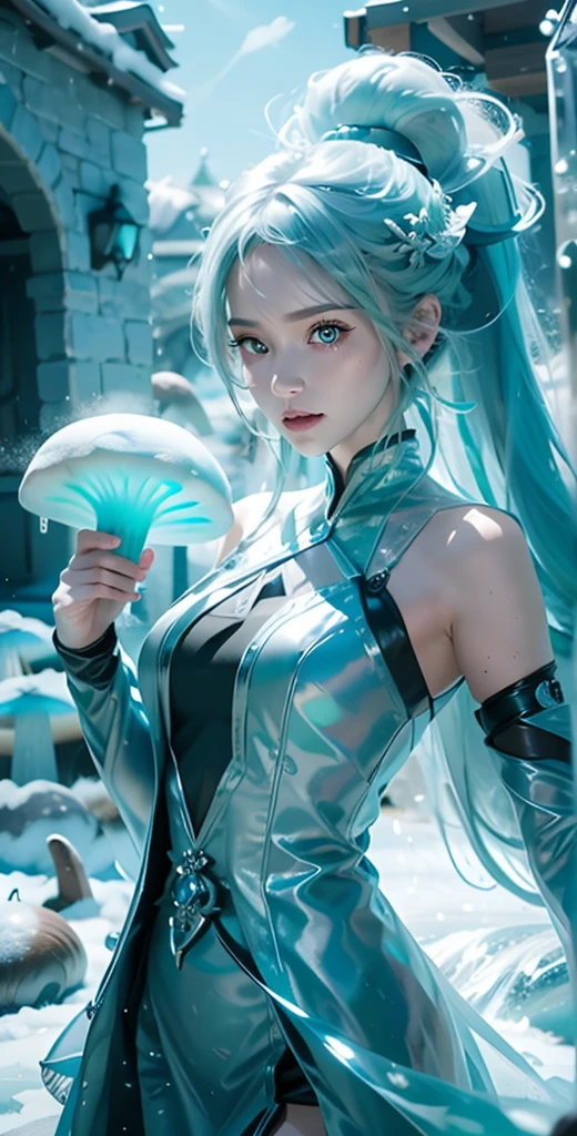 Frost Goddess,Frozen fluid,Ice World,ice,1girl,solo,black legwear,boots,breasts,fur trim,The huge ice mushroom ,Ice pillars, ice mushrooms,Frozen ground,full body,super cuteness),(delicate face),(realistic(digital_gun,skin,face)),soft makeup,(Stunningly beautiful),grey eyes,hair ornament,long hair,hatsune miku , aqua hair, twintails, long hair,detached sleeves, looking at viewer, pantyhose,silver hair,smile,solo,standing,best quality, masterpiece, realistic, photorealistic, simple background, blue ice background,(CG gameartstyle), (High dynamic range), Ray tracing, NVIDIA RTX, Super Resolution, Subsurface scattering, PBR Texturing, Post-processing, Anisotropy Filtering, depth of fields, Maximum clarity and sharpness, Multilayer textures, Albedo and specular maps, Surface Shading, Precise simulated light material interactions, Perfect proportions, Octane Rendering, Two-tone lighting, Wide aperture, Low ISO, White Balance, thirds rule, 64K RAW,vivid color