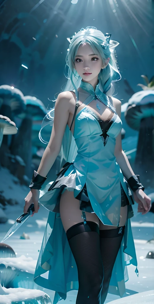 Frost Goddess,Frozen fluid,Ice World,ice,1girl,solo,black legwear,boots,breasts,fur trim,The huge ice mushroom ,Ice pillars, ice mushrooms,Frozen ground,full body,super cuteness),(delicate face),(realistic(digital_gun,skin,face)),soft makeup,(Stunningly beautiful),grey eyes,hair ornament,long hair,hatsune miku , aqua hair, twintails, long hair,detached sleeves, looking at viewer, pantyhose,silver hair,smile,solo,standing,best quality, masterpiece, realistic, photorealistic, simple background, blue ice background,(CG gameartstyle), (High dynamic range), Ray tracing, NVIDIA RTX, Super Resolution, Subsurface scattering, PBR Texturing, Post-processing, Anisotropy Filtering, depth of fields, Maximum clarity and sharpness, Multilayer textures, Albedo and specular maps, Surface Shading, Precise simulated light material interactions, Perfect proportions, Octane Rendering, Two-tone lighting, Wide aperture, Low ISO, White Balance, thirds rule, 64K RAW,vivid color 