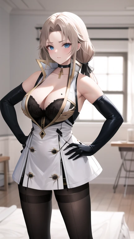 masterpiece, best quality, highres, Kronshtadt, very long hair, low twintails, hair ornament, black choker, high collar, cleavage, white dress, sleeveless, elbow gloves, black gloves, black pantyhose, standing, indoors, hand on hip,