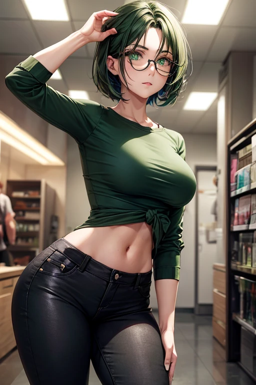 (Woman with short pretty dark green hair and green eyes and a tight shirt and tight pants and with glasses.)