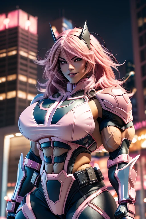((((Massive, beautiful, buff, light brown skinned muscular woman with shocking pink hair, black lipstick, ginormous bulky muscles wearing a pink, black mechanized Batwoman suit with a cape and black tight pants)))), vascular body, massive muscle, massive biceps, hyper muscle triceps, (angled bob cut), red eyes, black gloves, spiked gauntlets, high heels boots, city, at night, closed smile, hyper muscles arms, hyper muscle legs, massively buff arms.