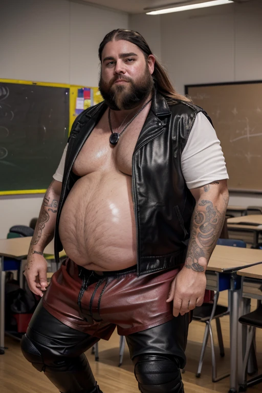 Corpo completamente tatuado, pulseiras de correntes no pulso, big gold chains around the neck, BikeRider com fios brancos de cabelos, bandana on head, holding chains in hands, (((1 Fat Only plump chubby extremely thick thighs large belly fat age 50 years old he is bearded long hair, tatuagens pelo corpo inteiro, wears an unbuttoned black leather jacket, wearing only red swim trunks and wearing black motorcycle boots. Carrancudo e cara de homem mal))), He is a biker who stands next to his Harley Davidson motorcycle, Fotografia de corpo inteiro fotografia, (((He is standing inside a classroom teaching a class of students))). (bestiality,realistic:1.37),portrait,studio lighting,vivid colors,soft lighting,barefoot,underbelly,relaxed pose,brightly lit room,cozy atmosphere,happy expression,warm color palette,smiling face,Wide shot of a big fat man with a big fat belly