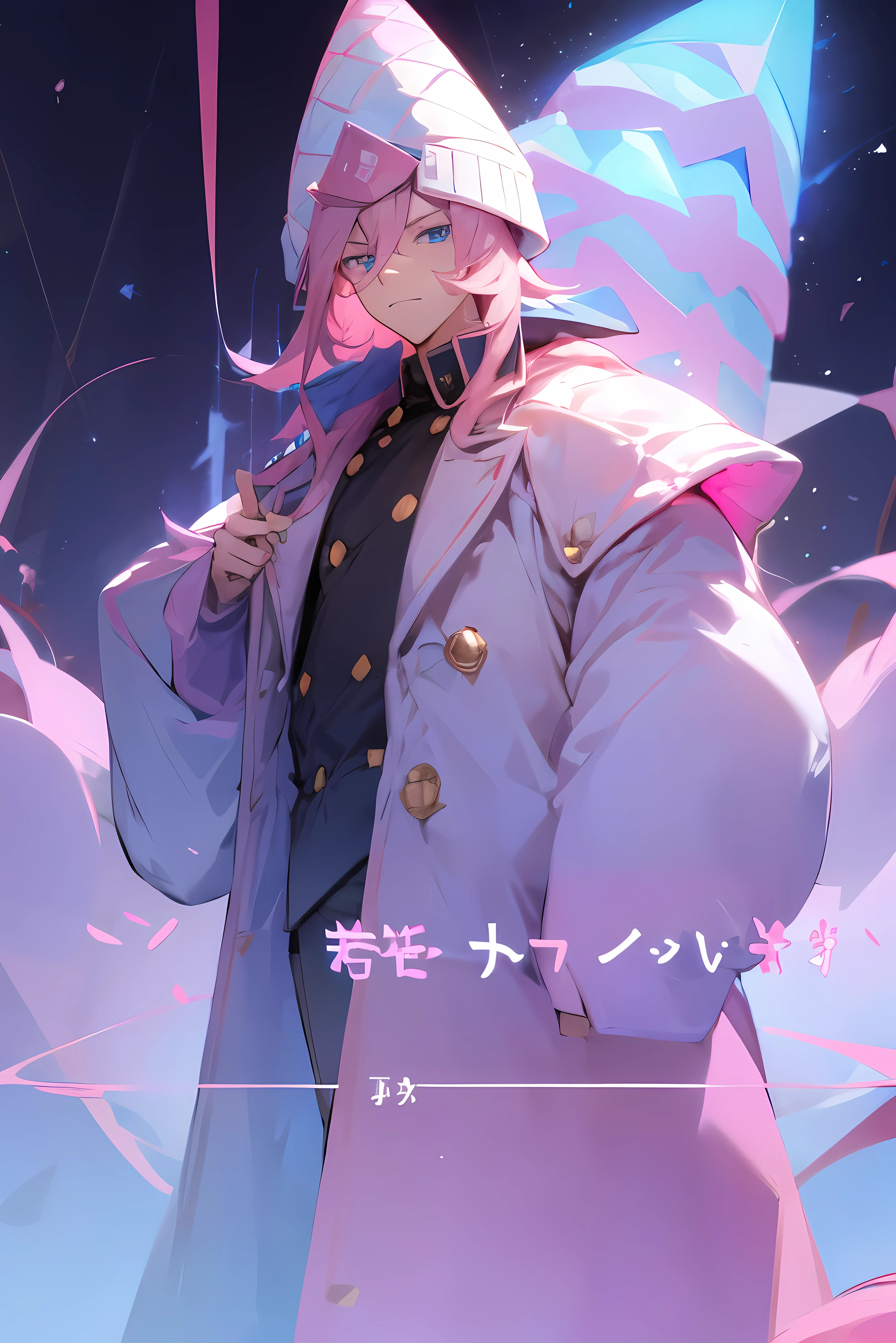 male with long pink hair, small waffle cone hat, pink blue and white clothing, blue eyes, serious expression, villain, evil, waffle cone hat, large pink white and blue winter military coat, small light brown ice cream cone hat, ice cream themed, male
