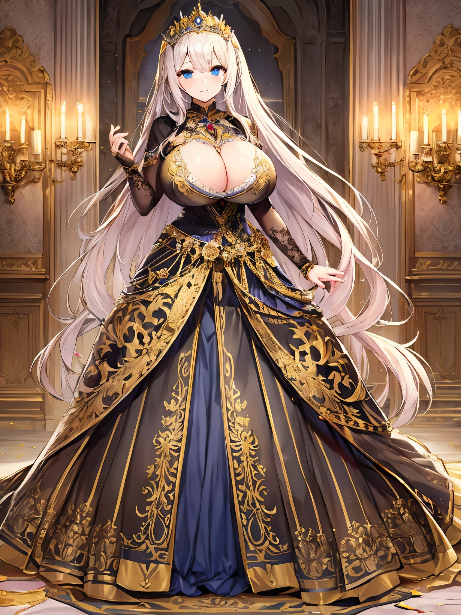 ((moe anime artstyle)),((Masterpiece)),(Best Quality),((Super Detail)),((Very Delicate and Beautiful)),((Solo)),full body,((full body portrait)),(((1 bling-bling Queen in beautiful embroidery and jeweled gorgeous rococo ballgown with voluminous full length crinoline hoop skirt))),(((((absurdly gigantic tits))))),(((cleavage))),Skindentation,(detailed face and eyes),jewel-like eyes,((crinoline,long train,beautiful embroidery and lace)),super detailed voluminous gorgeous rococo ballgown with voluminous full length crinoline hoop skirt,((bling-bling voluminous gorgeous rococo princess ballgown with beautiful embroidery and jeweled)),((Very Long Straight Hair,large amount of straight hair, absurdly long Straight hair)),extremely gorgeousfull hair ornament,((extremely gorgeous jeweled big tiara)),luxurious jewelry,((beautiful embroidery and jeweled gorgeous rococo ballgown with voluminous full length crinoline hoop skirt)),full body,(fantasy castle,throne room)