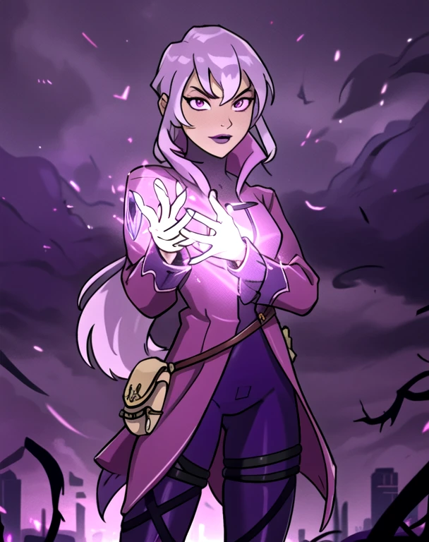 (cowboy shot), sfw, (masterpiece), (best quality:1.0), (ultra highres:1.0), detailed eyes, BREAK Charmcaster, 1girl, low ponytail, bangs, pink eyes, lipstick, magenta coat, bodysuit, dark purple tights, thigh straps, pouch belt, both hands glowing bright purple, purple magic, bright purple sparks in both hands, BREAK (city, nighttime, creepy and isolated tone, outdoors, dark clouds in the sky, purple lighting,  gorgeous view)
