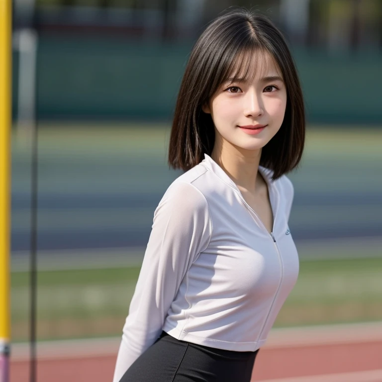 (kawaii 24 year-old Japanese girl, Nogizaka idol, Korean idol, track and field player), healthy female athlete body, (glossy black hair, very short hair, pixie cut, bangs:1.2), beautiful black eyes, rounded face, single eyelid, (no makeup:1.2), (soft smiling), (track jacket, sports leggins), extra small breasts, BREAK, (track and field stadium background, summer, sunny daytime:1.2), (dynamic angle, bust shot:1.2), BREAK, (masterpiece, best quality, photo realistic, official art:1.4), (UHD, 8K quality wallpaper, high resolution, raw photo, golden ratio:1.3), (shiny skin), professional lighting, physically based rendering, award winning, (highly detailed skin texture, extremely detailed face and eyes textures), Carl Zeiss 300 mm F/2.8, depth of field, (1girl, solo),