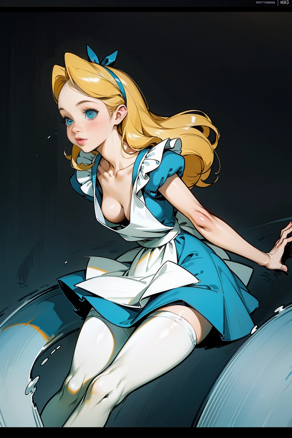 masterpiece, 1girl, solo, make her a sexy Alice in Wonderland with blonde hair, powder blue dress with white apron, white stockings, cleavage, dynamic, ultra high def, 32k, (perfect anatomy:1.5), perfect legs, in the style of Artgerm and Adam Hughes, perfect arms, downblouse