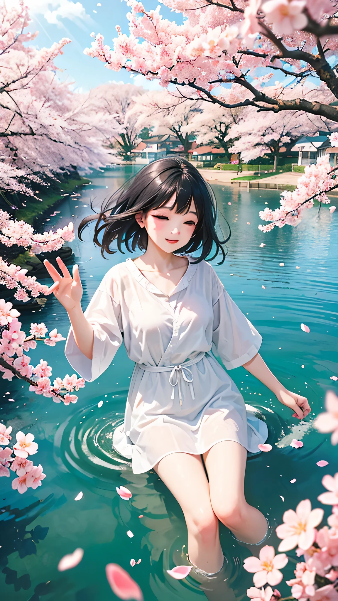 One girl,Black Hair, Floating Hair, Seaside,Color,landscape,cherry blossoms, Falling petals, Sunbeam,God&#39;s Rays,Upper Body, color,dress,kimono