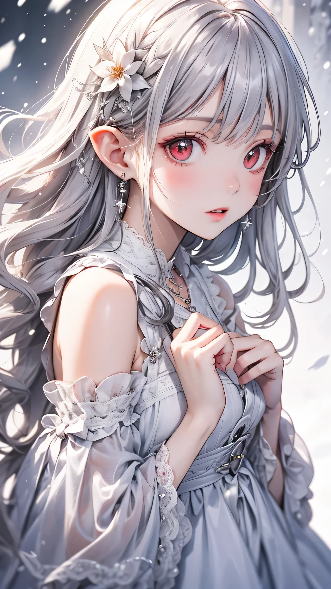 {{masterpiece}},highest quality,Very detailed,Very detailed CG Unity 8k wallpaper,An illustration, One girl, Red eyes, Wavy silver hair, Pointed Ears, vampire, dress, necklace, Hair Flowers, snow, ice, whole body, shot,High Close-up, Very detailed,Center Frame,Sharp focus, View Viewer, Floating hair,