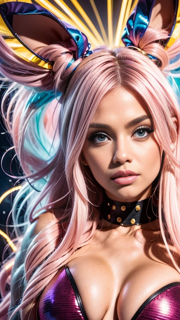 anime style, a closeup of a cartoon of a woman with ears and rabbit tail, with rabbit tail, with rabbit ears, girl design, mara, portrait, giesha, anime image, long hair, pink hair, hair covering ears, happy, polished and powerful look, exotic, tall