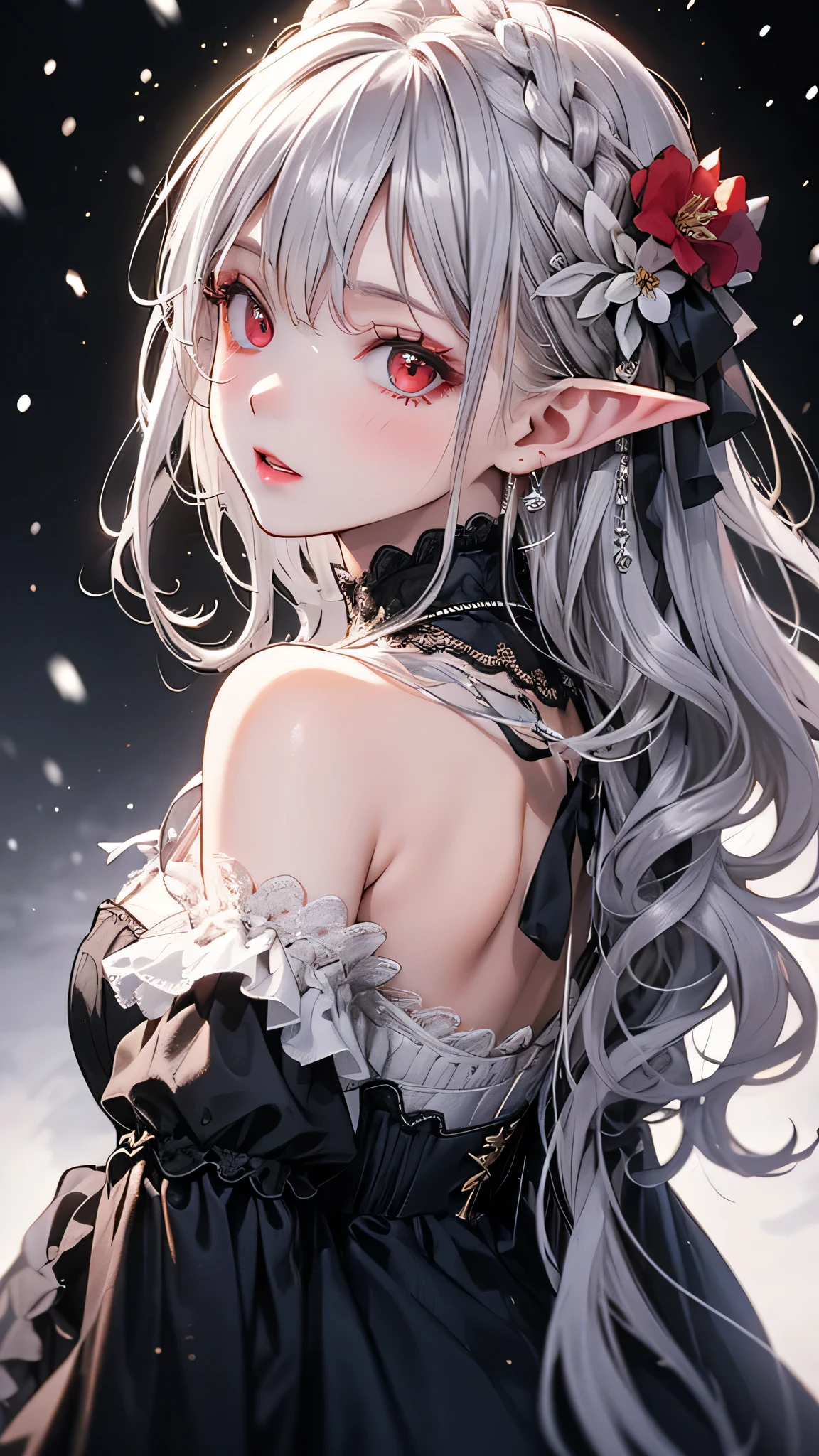 {{masterpiece}},highest quality,Very detailed,Very detailed CG Unity 8k wallpaper,An illustration, One girl, Red eyes, Wavy silver hair, Pointed Ears, vampire, dress, necklace, Hair Flowers, snow, ice, whole body, shot,High Close-up, Very detailed,Center Frame,Sharp focus, View Viewer, Floating hair,