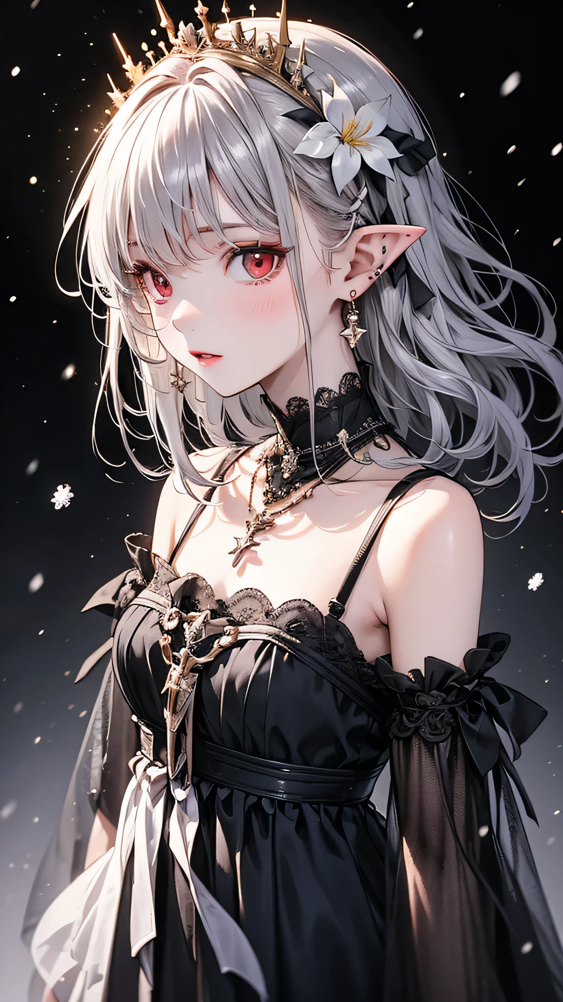 {{masterpiece}},highest quality,Very detailed,Very detailed CG Unity 8k wallpaper,An illustration, One girl, Red eyes, Wavy silver hair, Pointed Ears, vampire, dress, necklace, Hair Flowers, snow, ice, whole body, shot,High Close-up, Very detailed,Center Frame,Sharp focus, View Viewer, Floating hair,