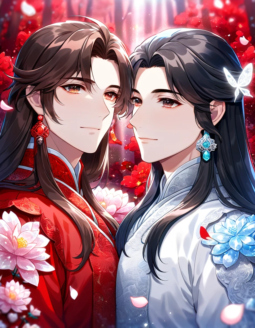 Ultra detailed, HDR, Highres, absurdres, master piece, Xie Lian, brown long hair, expressive brown eyes, Hua Cheng, black long hair, expressive red eyes, Heaven Official's Blessing, glittering silver butterflies, petals, white clothes, red flowers, handsome, two sexy man together, yaoi, gay couple, love, extremely detailed face and eyes, glittering, red forest, best quality, red rain, red ice flowers, red clothes,