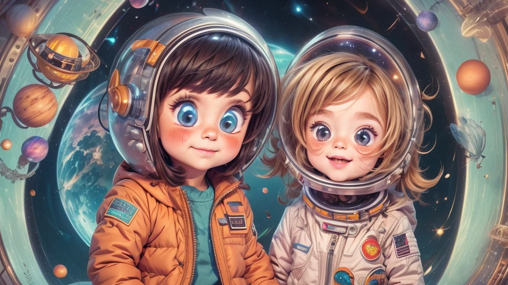 Cartoon illustration of a boy and a girl in space with cat, official fan art, in space, kitten in outer space, in outer space, in deep space, in galaxies, deep space exploration!!!, space travel, wearing in stars and planets, outer space, outer space, starry sky in space, in space, official art, space, on a spaceship, colorful, cute, more detailed, light, more realistic, cartoon
