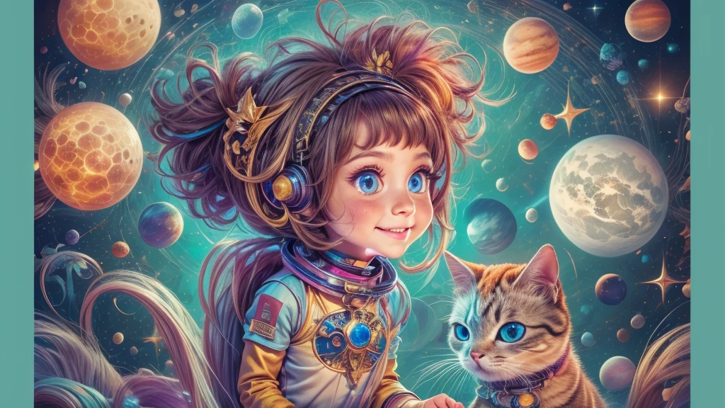 Cartoon illustration of a boy and a girl in space with cat, official fan art, in space, kitten in outer space, in outer space, in deep space, in galaxies, deep space exploration!!!, space travel, wearing in stars and planets, outer space, outer space, starry sky in space, in space, official art, space, on a spaceship, colorful, cute, more detailed, light, more realistic, cartoon