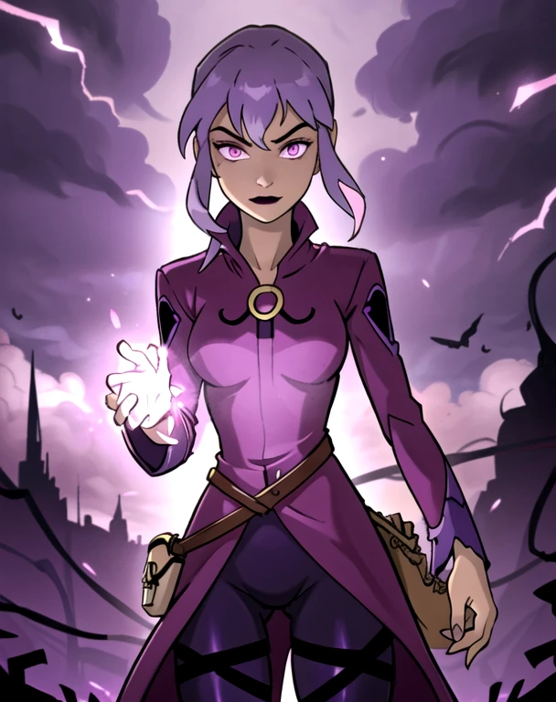 (cowboy shot), sfw, (masterpiece), (best quality:1.0), (ultra highres:1.0), detailed eyes, BREAK Charmcaster, 1girl, low ponytail, bangs, pink eyes, lipstick, magenta coat, bodysuit, dark purple tights, thigh straps, pouch belt, both hands glowing bright purple, purple magic, bright purple sparks in both hands, BREAK (city, nighttime, creepy and isolated tone, outdoors, dark clouds in the sky, purple lighting, gorgeous view)
