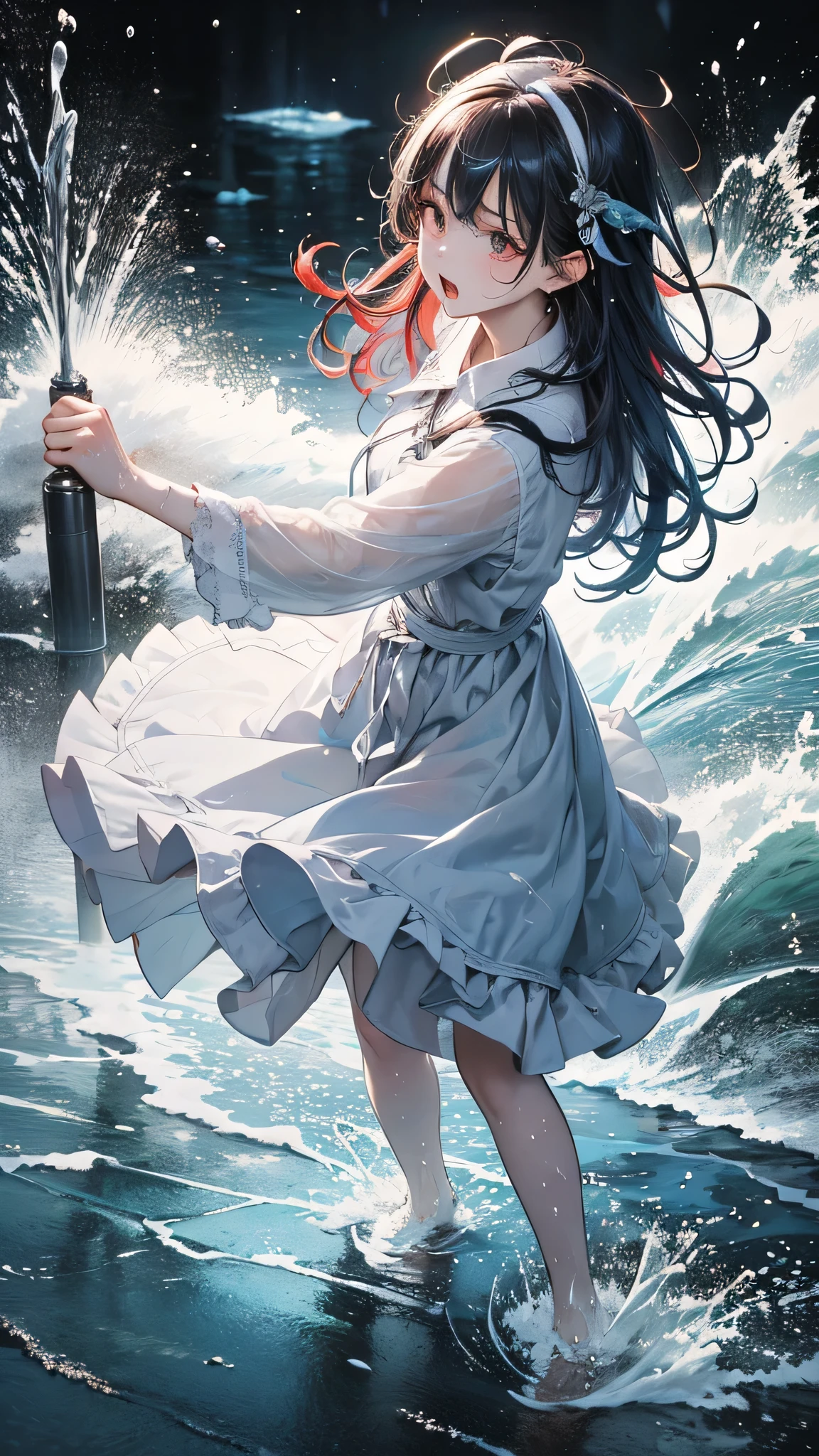 masterpiece, highest quality, (Dynamic pose:0.5), Absurd, One girl,  Fighting Pose, Punch Water, (Attacking with water:1.5) Wet clothes, wet hair, Wet Face, Water behind a person, Multicolored Hair, (Wind:1.4)