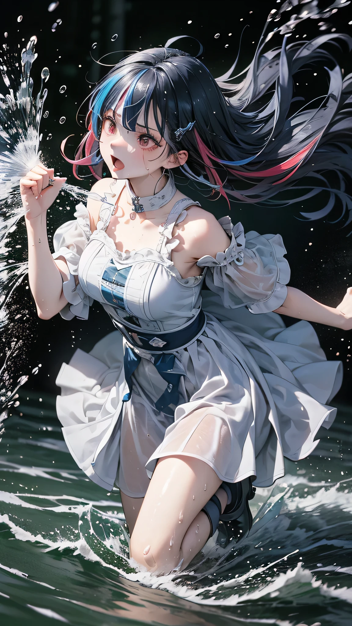 masterpiece, highest quality, (Dynamic pose:0.5), Absurd, One girl,  Fighting Pose, Punch Water, (Attacking with water:1.5) Wet clothes, wet hair, Wet Face, Water behind a person, Multicolored Hair, (Wind:1.4)