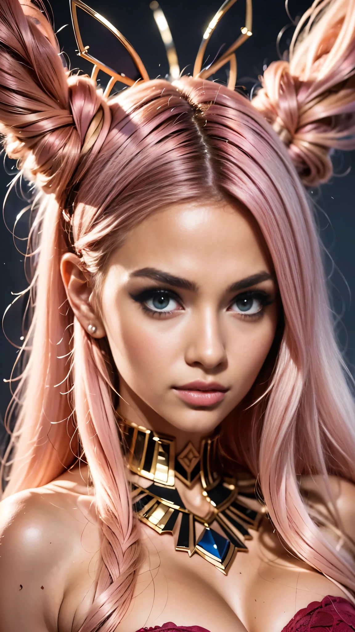 anime style, a closeup of a cartoon of a woman with ears and rabbit tail, with rabbit tail, with rabbit ears, girl design, mara, portrait, giesha, anime image, long hair, pink hair, hair covering ears, happy, polished and powerful look, exotic, tall