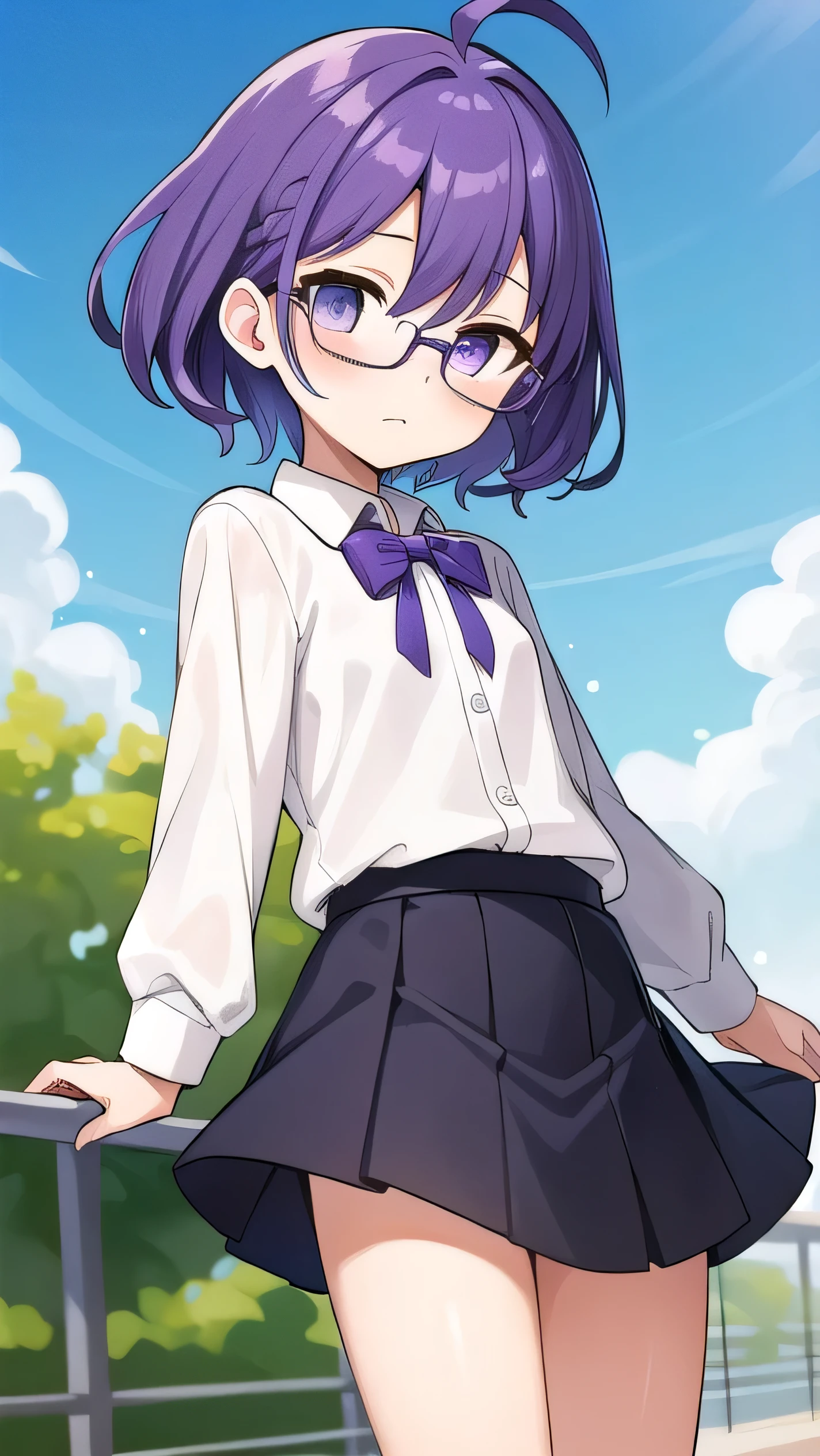 (Purple hair:1.4), gray eyes, white , navy blue miniskirt, 11 years old, short, short long hair, kind expression, shy, , almost no breasts, slightly exposed. hair,(flipped hair ), flipped hair, long sleeves, ahoge, girl alone, flipped hair, flipped hair, flipped hair, flipped hair, glasses with no edges, embarrassed, flat chest