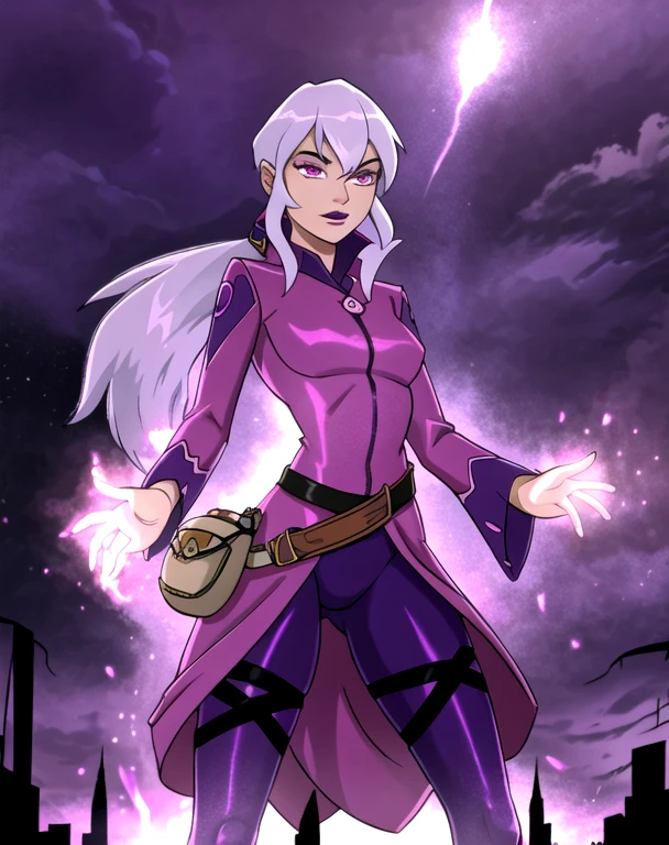 (cowboy shot), sfw, (masterpiece), (best quality:1.0), (ultra highres:1.0), detailed eyes, BREAK Charmcaster, 1girl, low ponytail, bangs, pink eyes, lipstick, magenta coat, bodysuit, dark purple tights, thigh straps, pouch belt, both hands glowing bright purple, purple magic, bright purple sparks in both hands, BREAK (city, nighttime, gloomy and isolated tone, outdoors, dark clouds in the sky, purple lighting, gorgeous view)
