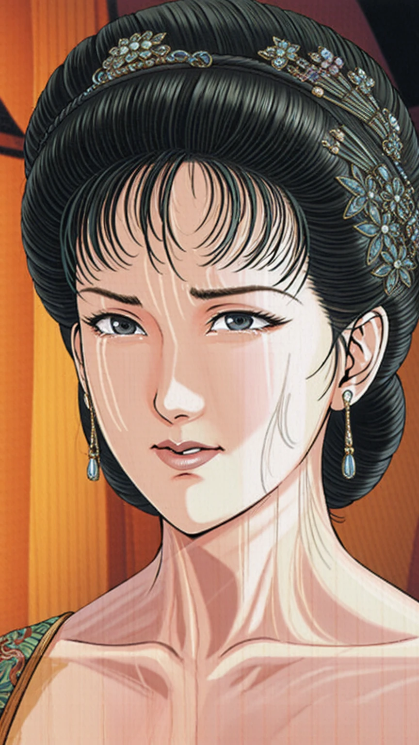 (best quality), (very aesthetic), (ultra-detailed), (best illustration),(a mature female),(perfect face),Suikoden,Mrs. Lin,(NSFW),((full_body)),((full_nude)),((crying)),Covers mouth with right hand,red cheek,sweating,skinny,flushed skin,(hairly pussy),Her breasts are being sucked by a skinny middle-aged man,chinese traditional bed room,overhead view