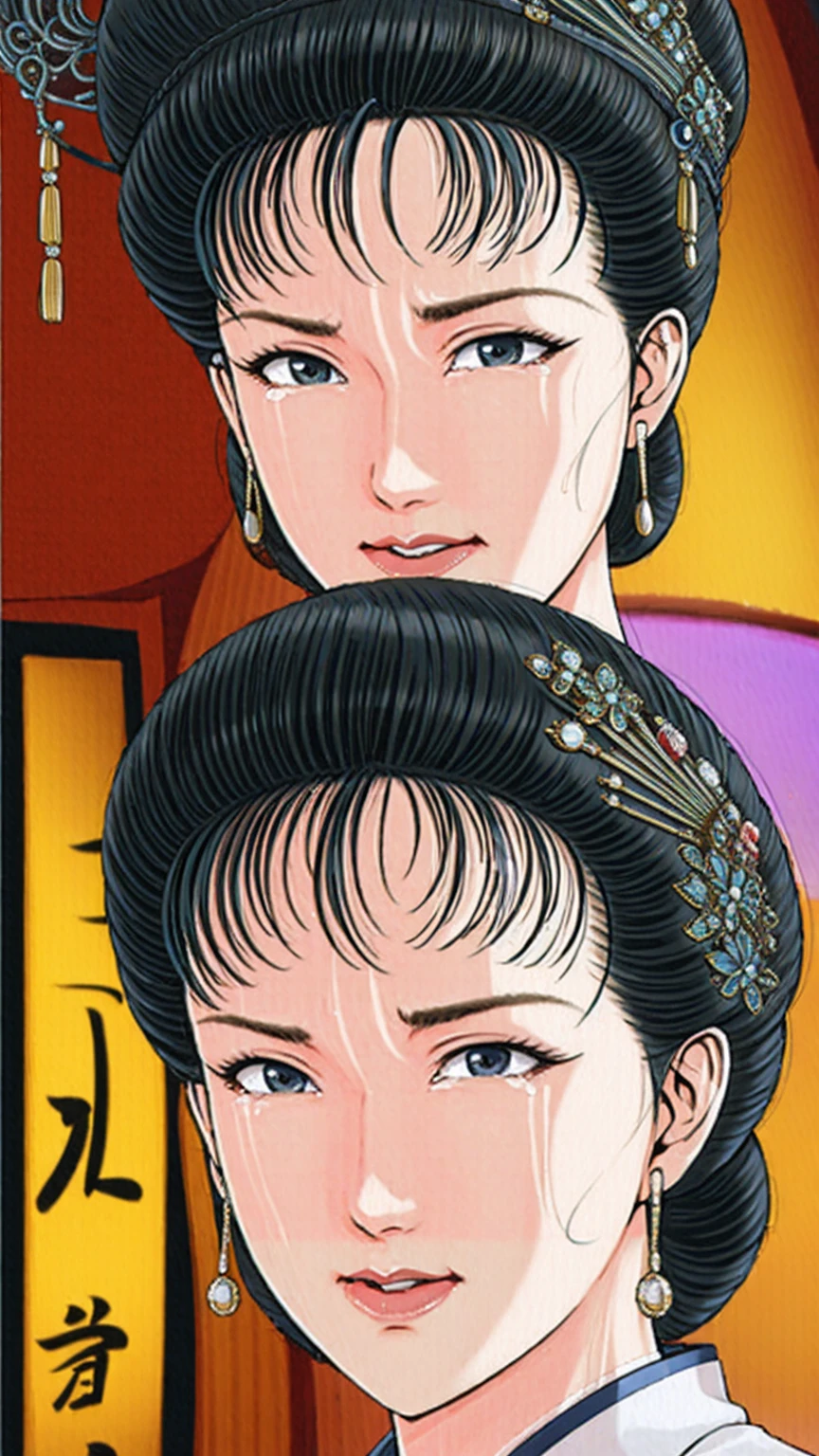 (best quality), (very aesthetic), (ultra-detailed), (best illustration),(a mature female),(perfect face),Suikoden,Mrs. Lin,(NSFW),((full_body)),((full_nude)),((crying)),Covers mouth with right hand,red cheek,sweating,skinny,flushed skin,(hairly pussy),Her breasts are being sucked by a skinny middle-aged man,chinese traditional bed room,overhead view