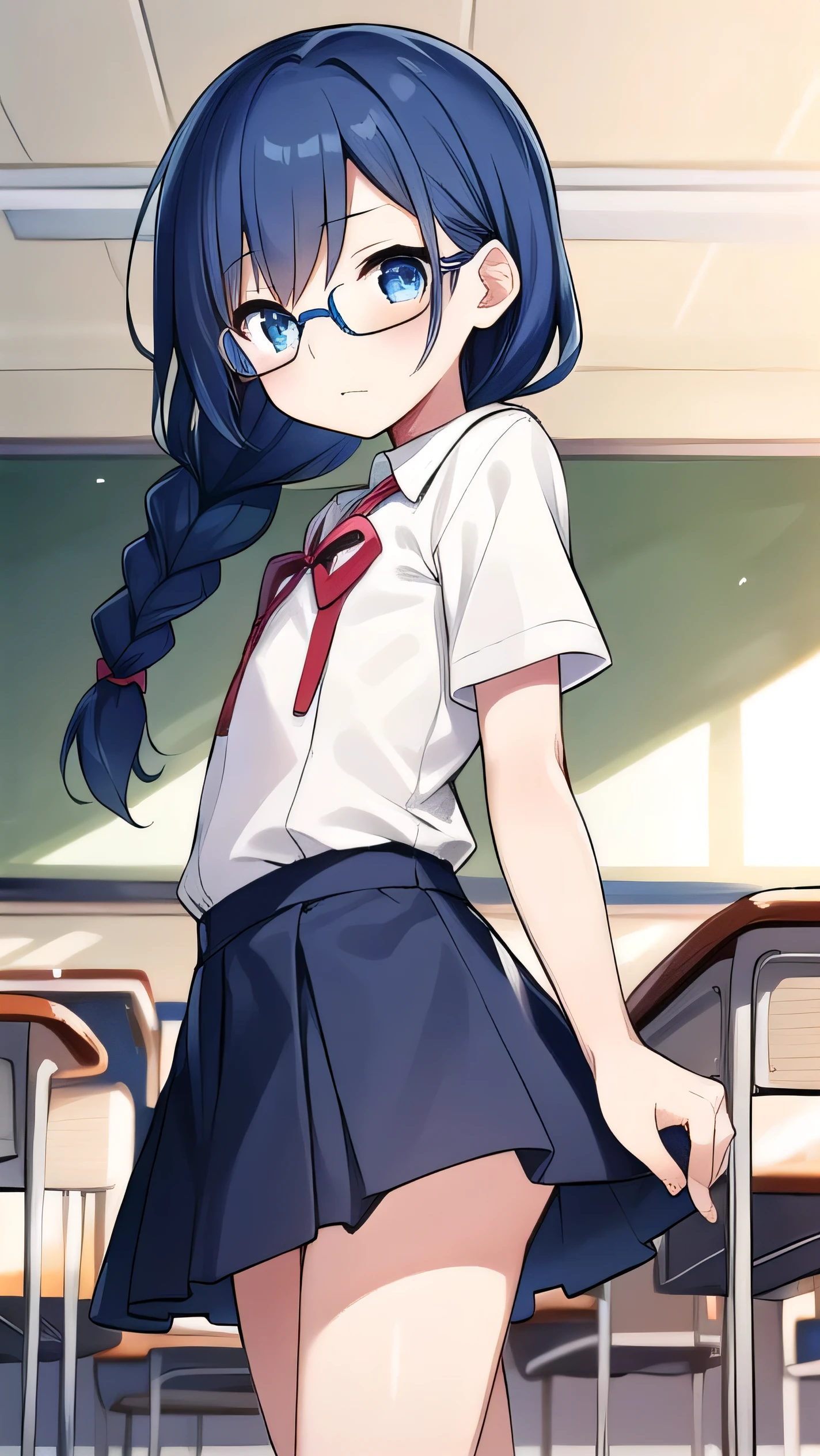 small breasted girl, short, elementary school student, blue hair, single braid, blue eyes, round eyes, shy, shy, classroom, short, young face, short height, , glasses with no edges,flat chest,