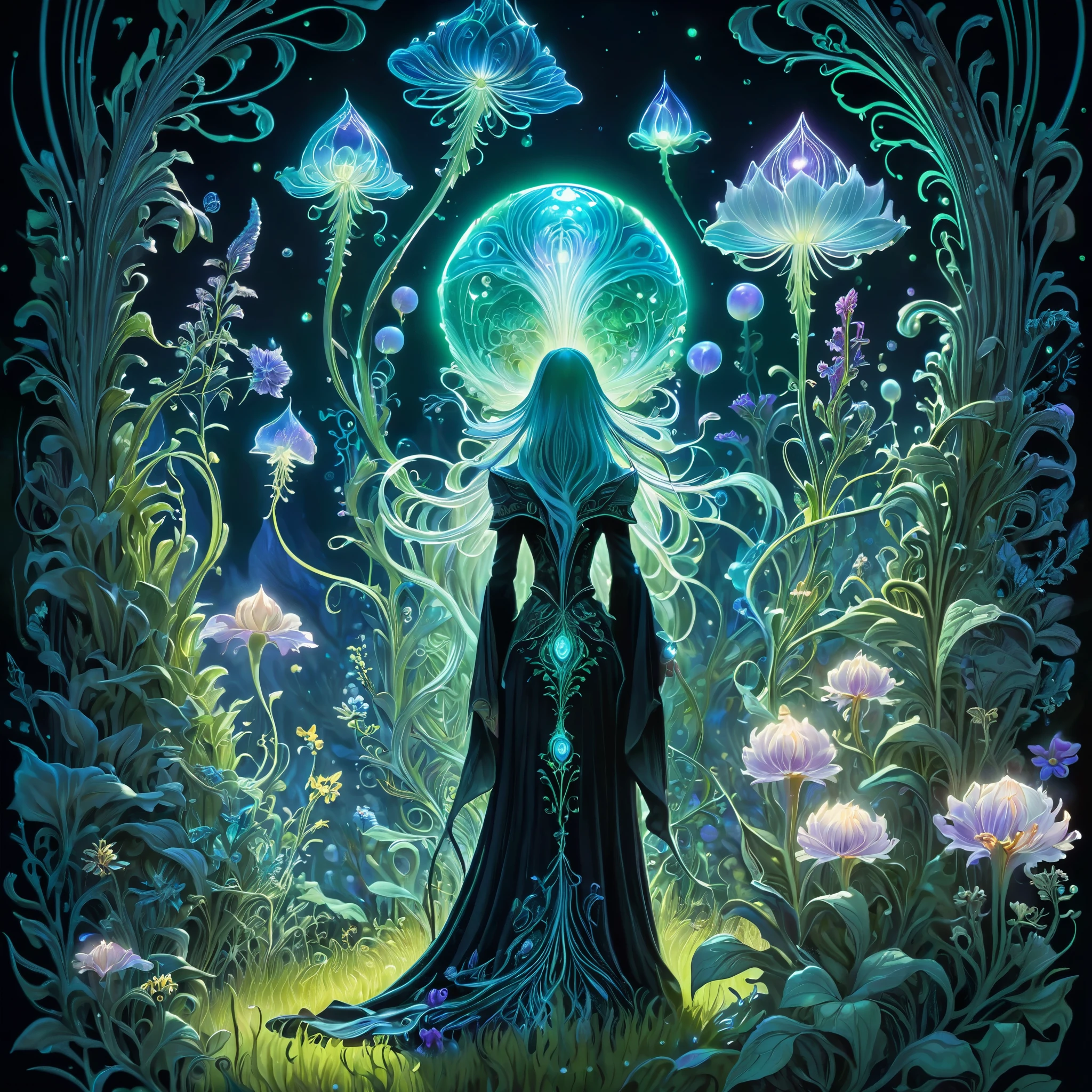 Magical plant ghost flower from the abyss,Image of an enchanted witch encountering an alien life form, Illuminated by bioluminescent plants, Very detailed, Ultra-realistic, 10K high resolution, gouache style, Doodle Art, Grass Lawn, Art Nouveau influence, Given the, and future, Art of Moon Crypto Awesome,