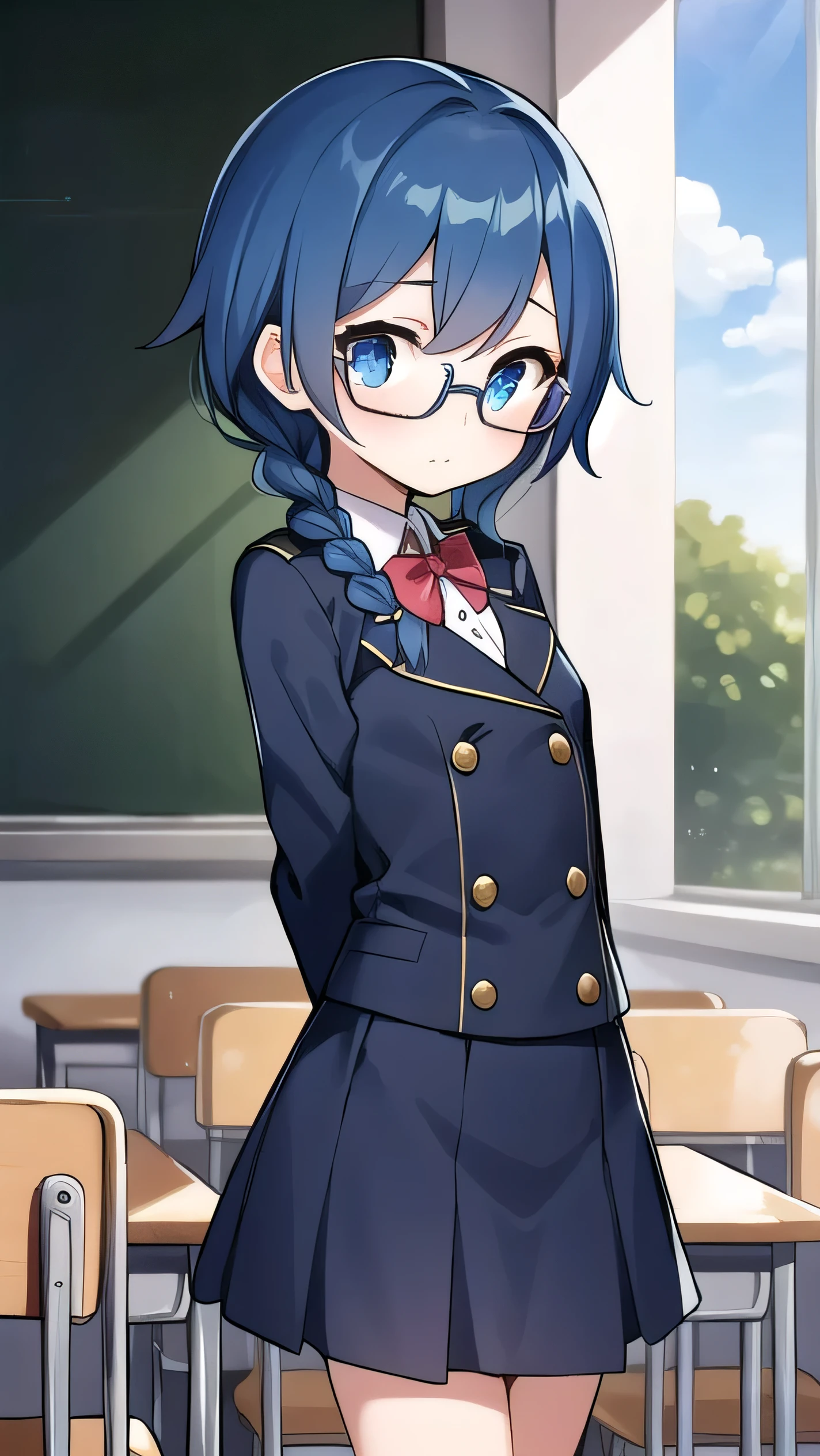 small breasted girl, short, elementary school student, blue hair, single braid, blue eyes, round eyes, shy, shy, classroom, short, young face, short height, , glasses with no edges,flat chest,