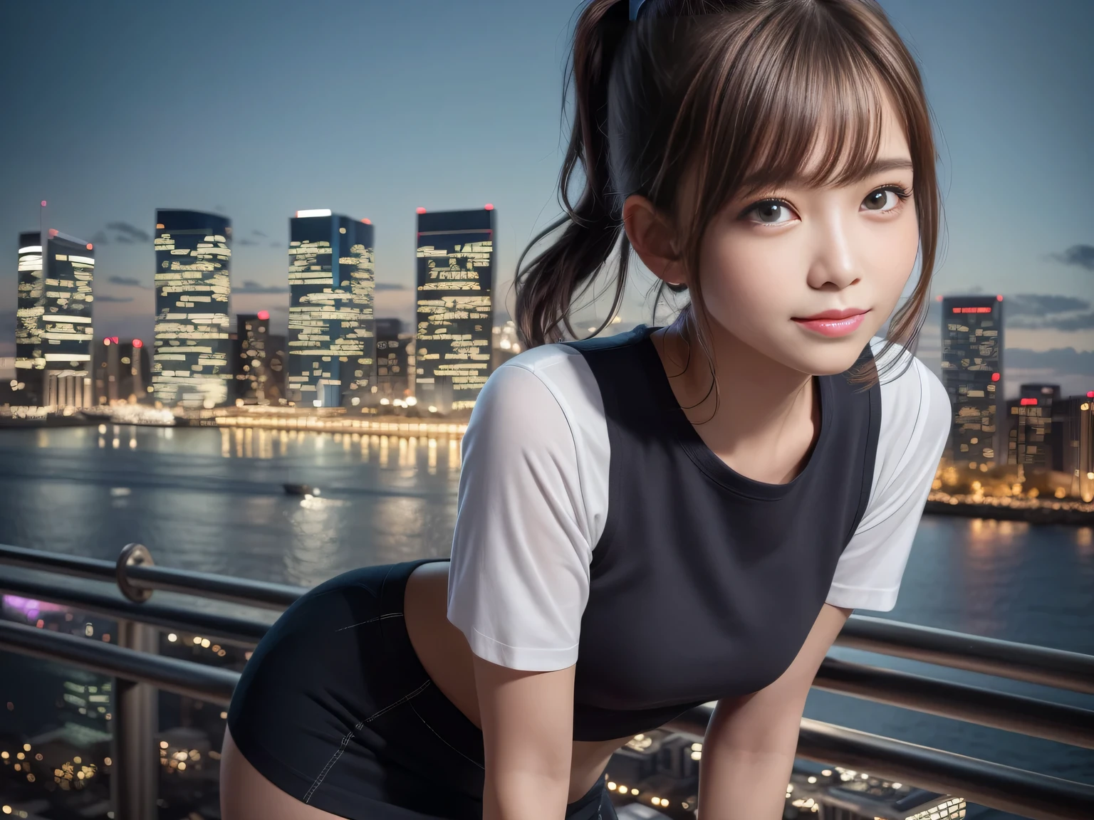 (masterpiece:1.3), High resolution, Super detailed, Highly detailed Unity ,8k, wallpaper, Realistic, photo-Realistic, RAW Photos, Beautifully detailed face, Detailed cloth texture, Detailed hair texture, Accurate, Anatomically correct, Highly detailed face and skin texture,
One Girl, cute、(Ultra short hair)((Short ponytail))、 A shy smile, Brown Hair、Deep blue eyes、((Short sleeve lace top))、((Ultra mini skirt:1.2))、((Night cityscape:1.6))