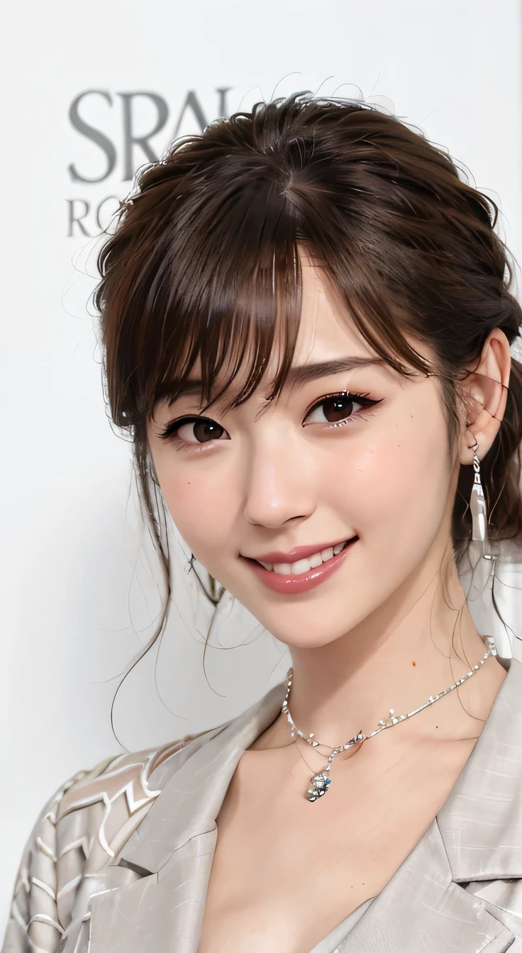 highest quality, whole body, masterpiece, Thick eyebrows, Ultra-high resolution, Realistic, Very detailed, Professional lighting smile, Eagle Nose, Black Hair、Dark eyeliner、ear piercing、Necklace around the neck、A shy smile、White teeth、Mouth open