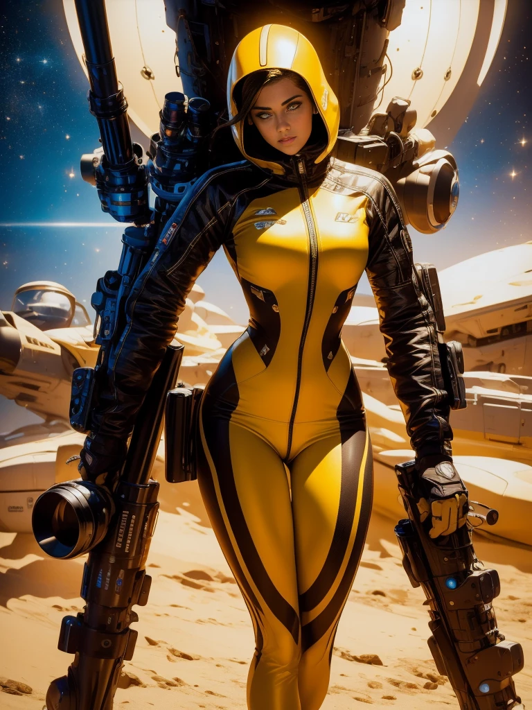 A woman in a spacesuit wearing a spacesuit with a space cap standing next to an asteroid, art trends, realistic female faces, delicate and good-looking faces, matte art, single yellow, looks a bit like Amy Adams, red desert Mars, Kylie Minogue as Barbarella, Ian Hubert's style, map Patreon, vivid colors, valerian, teethless, full body view