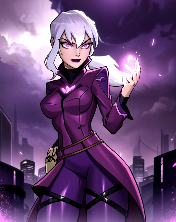 (cowboy shot), sfw, (masterpiece), (best quality:1.0), (ultra highres:1.0), detailed eyes, BREAK Charmcaster, 1girl, low ponytail, bangs, pink eyes, lipstick, magenta coat, bodysuit, dark purple tights, thigh straps, pouch belt, both hands glowing bright purple, purple magic, bright purple sparks in both hands, BREAK (city, nighttime, gloomy and isolated tone, outdoors, dark clouds in the sky, purple lighting, gorgeous view)
