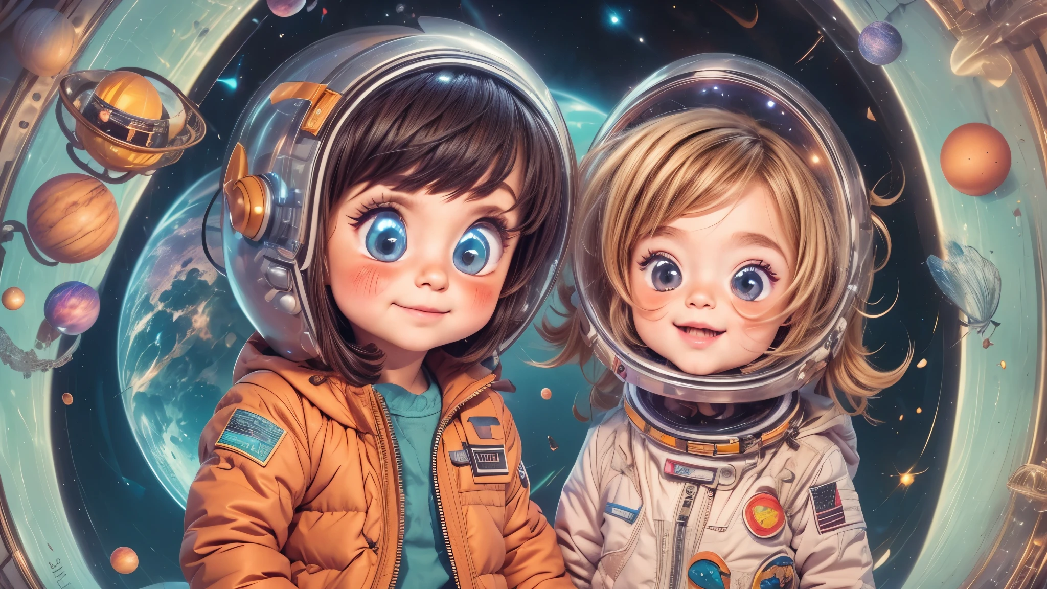 Cartoon illustration of a boy and a girl in space with cat, official fan art, in space, kitten in outer space, in outer space, in deep space, in galaxies, deep space exploration!!!, space travel, wearing in stars and planets, outer space, outer space, starry sky in space, in space, official art, space, on a spaceship, colorful, cute, more detailed, light, more realistic, cartoon