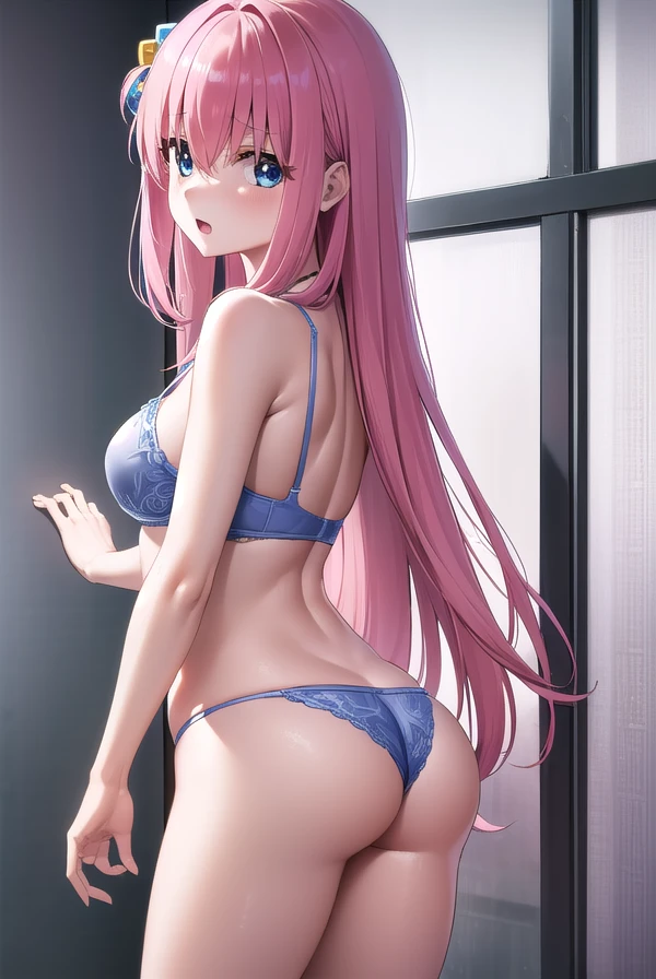 hitorigotou, Hitori Gotou, blue eyes, cube hair ornaments, Hair between the eyes, hair ornaments, Pink Hair, One side up, Long Hair,Nervously expression、Open mouth、(((Backwards:1.4、look back)))、
In underwear、Cute Bra、Cute Panties、
break indoors, classroom,
break looking at viewer, (Cowboy Shot:1.5),
break (masterpiece:1.2), highest quality, High resolution, unity 8k wallpaper, (figure:0.8), (Beautiful fine details:1.6), Highly detailed face, Perfect lighting, Highly detailed CG, (Perfect hands, Perfect Anatomy),