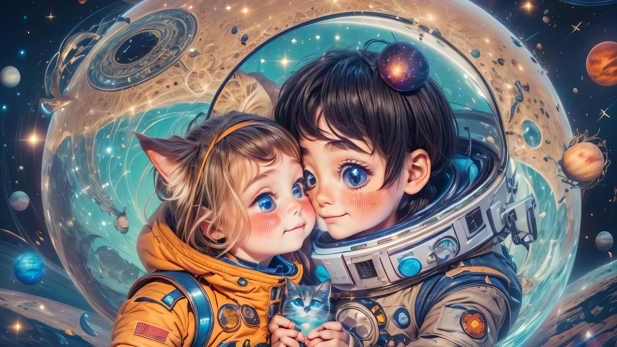 Cartoon illustration of a boy and a girl in space with cat, official fan art, in space, kitten in outer space, in outer space, in deep space, in galaxies, deep space exploration!!!, space travel, wearing in stars and planets, outer space, outer space, starry sky in space, in space, official art, space, on a spaceship, colorful, cute, more detailed, light, more realistic, cartoon