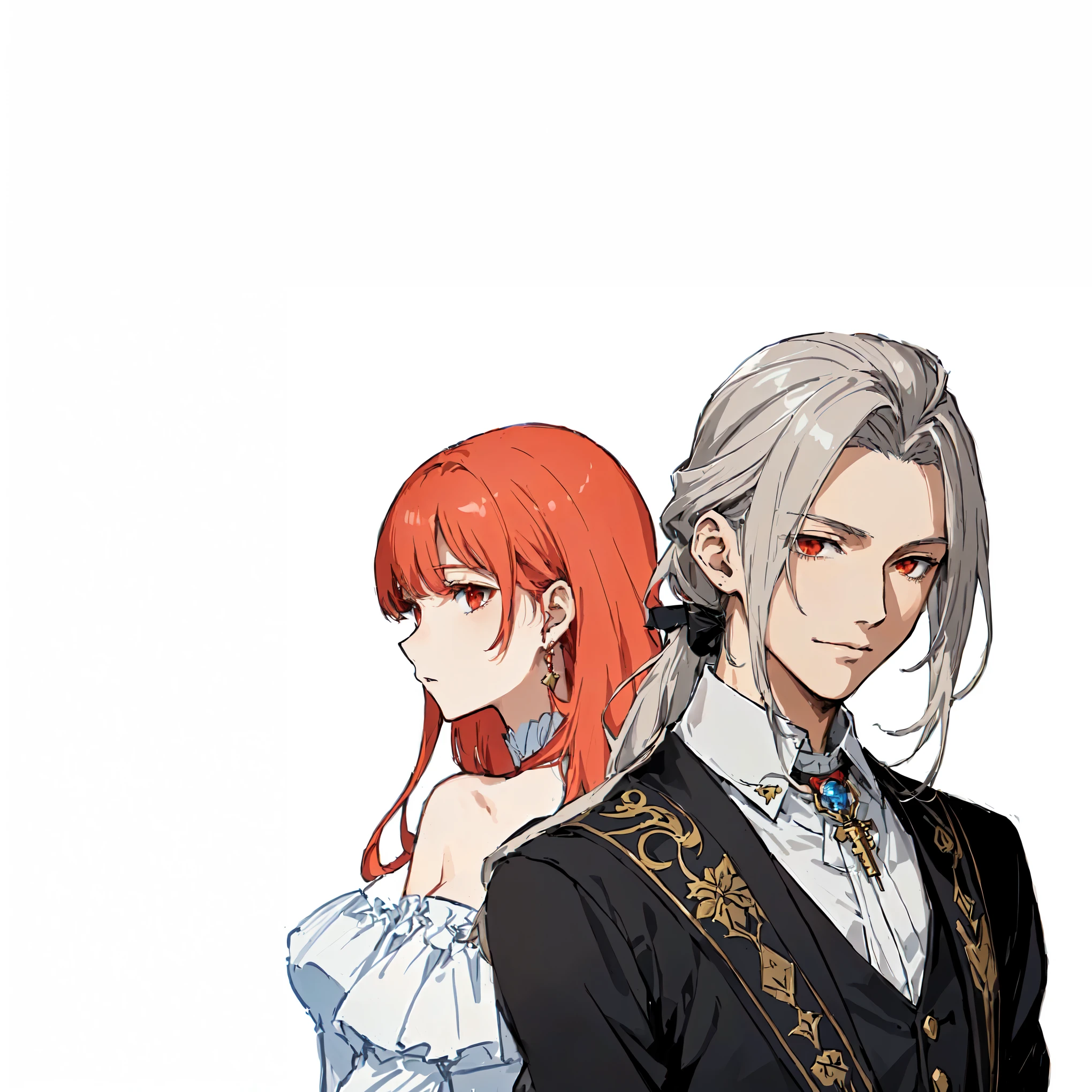 anime couple with red hair and white dress, standing next to each other, gentle androgynous prince, beautiful androgynous prince, anime key visual elegance, Sakimichan and Frank Franzzeta, Official character art, manha, key art, artistic cover, Nikse and Sakimičan, official artbook, Official character art, manga cover
