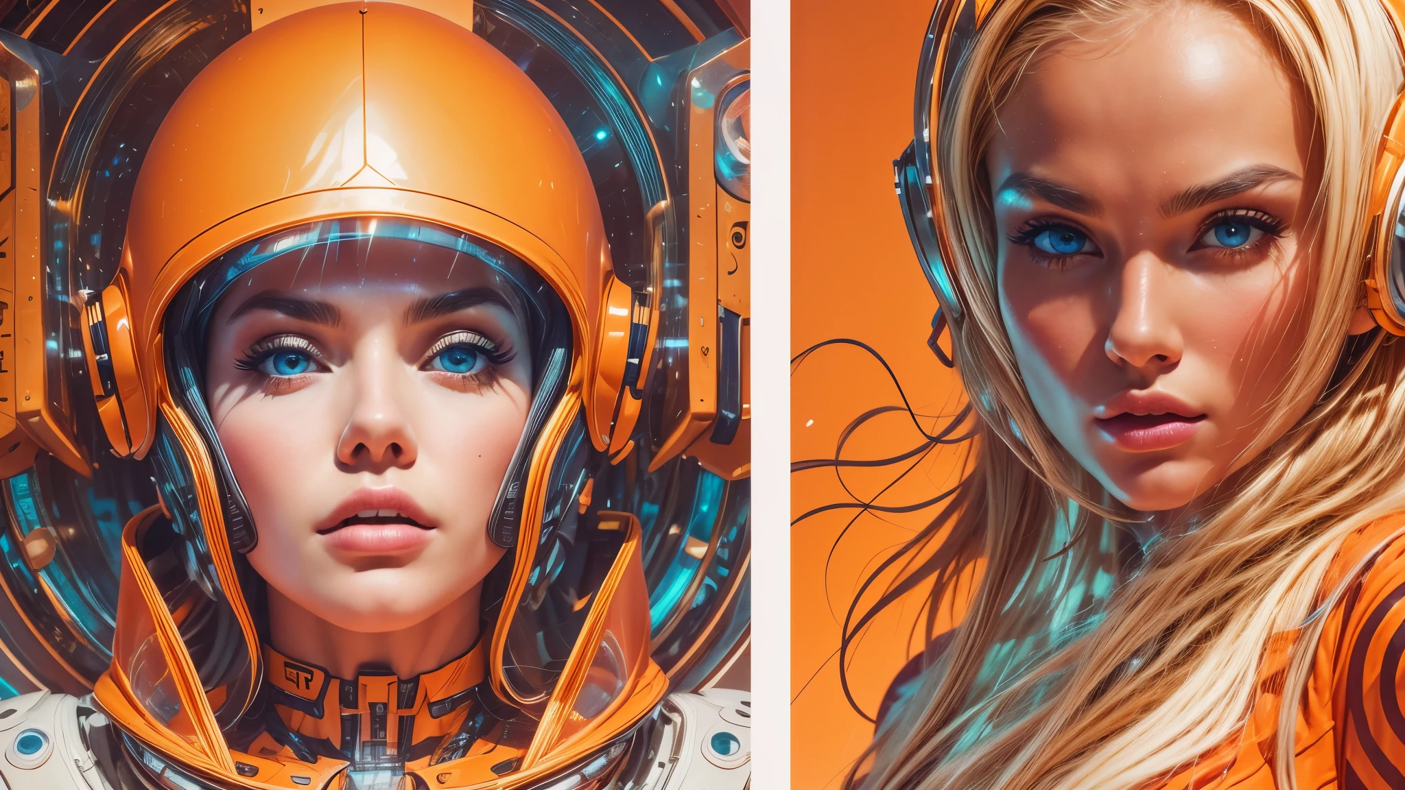 arafed image of a white woman in a futuristic suit with a spaceship in the background, movie art, in front of an orange background, inspired by Robert McGinnis, female protagonist, megastructure in the background, portrait of an ai astronaut, astronauts, an astronaut, portrait of a astronaut skeletor, perfect android girl, detailed eyes, perfectly detailed teeth, frank franzzeta and sakimichan  