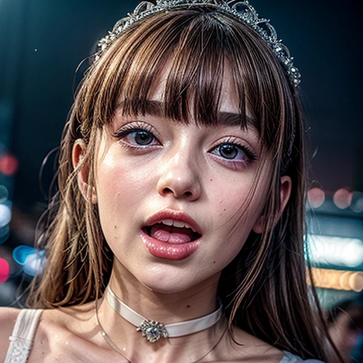 masterpiece of professional Analog photo, realistic and photorealistic with touch of rawness, (a close-up portrait of a tiny princess wearing white thongs on a city street), Dusk violet Sky, intricate lighting effects with light particles, (many colorful lights dazzling bokeh), Traffic lights, a crowd of fashionable street girls in the background, { Childish | Gigantic Cleavage }, (((NOGIZAKA))) Extremely Detailed very KAWAII face variation, perfect anatomy, captivating gaze, elaborate detailed Eyes with (sparkling highlights:1.2), long eyelashes、Glossy RED Lips with beautiful details, Coquettish tongue, Rosy cheeks . (Dynamic joyful expressions), { pleasure in agony | Ecstasy | :D | screaming | Perplexed }, Mystic sight . hair and eye color is same color, { Red leather high collar | Red ribbon }, from diagonally angle. short bob, Tiny princess tiara .