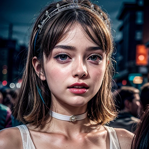 masterpiece of professional Analog photo, realistic and photorealistic with touch of rawness, (a close-up portrait of a tiny princess wearing white thongs on a city street), Dusk violet Sky, intricate lighting effects with light particles, (many colorful lights dazzling bokeh), Traffic lights, a crowd of fashionable street girls in the background, { Childish | Gigantic Cleavage }, (((NOGIZAKA))) Extremely Detailed very KAWAII face variation, perfect anatomy, captivating gaze, elaborate detailed Eyes with (sparkling highlights:1.2), long eyelashes、Glossy RED Lips with beautiful details, Coquettish tongue, Rosy cheeks . (Dynamic joyful expressions), { pleasure in agony | Ecstasy | :D | screaming | Perplexed }, Mystic sight . hair and eye color is same color, { Red leather high collar | Red ribbon }, from diagonally angle. short bob, Tiny princess tiara .