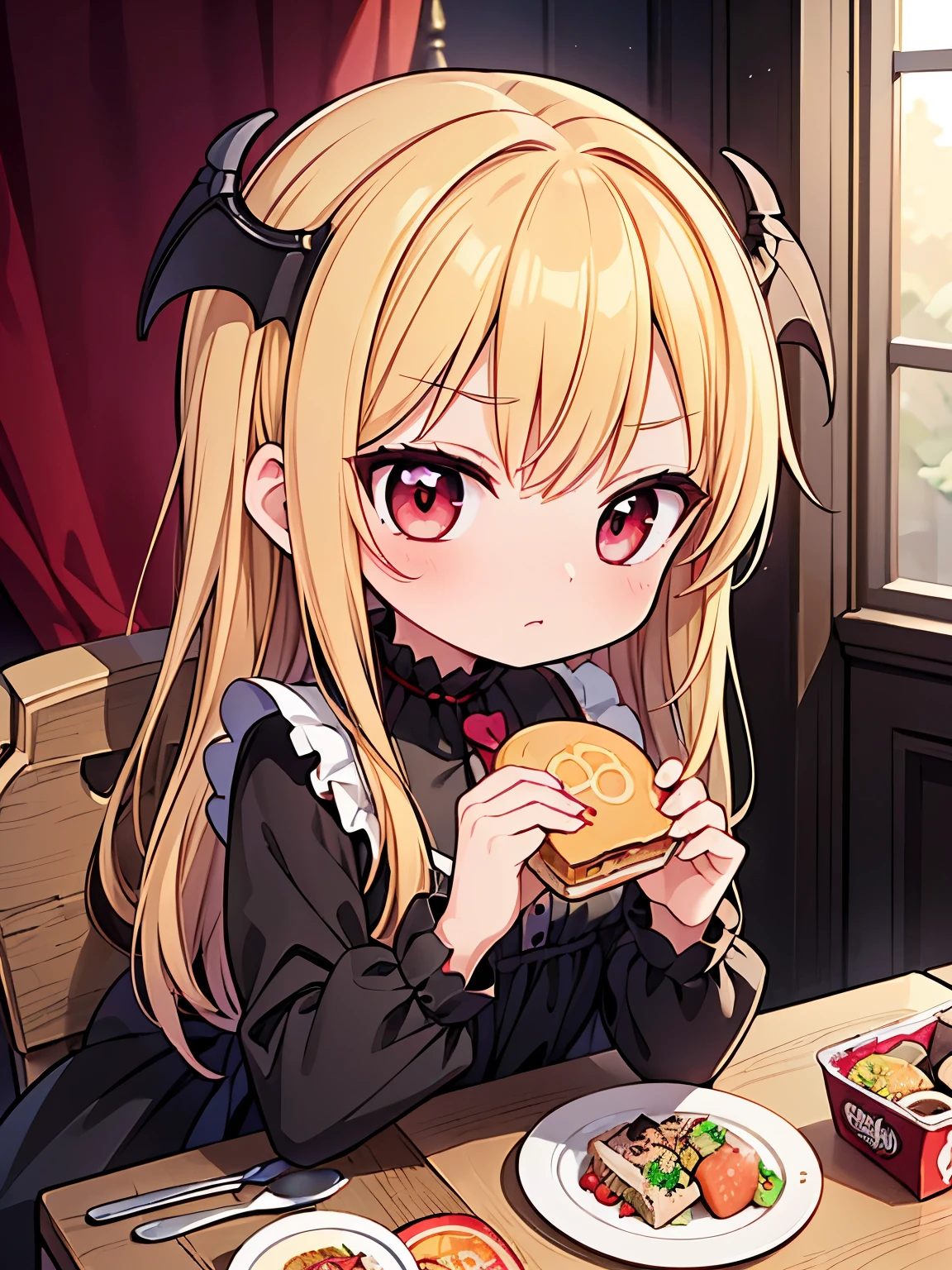 (((masterpiece))), (((best quality))), ((ultra-detailed)), anime style, Vampire girl, short, blonde, long hair, black gothic dress, moody, blushing,, ((???’s meal,???’s lunch,children’s meal)), 