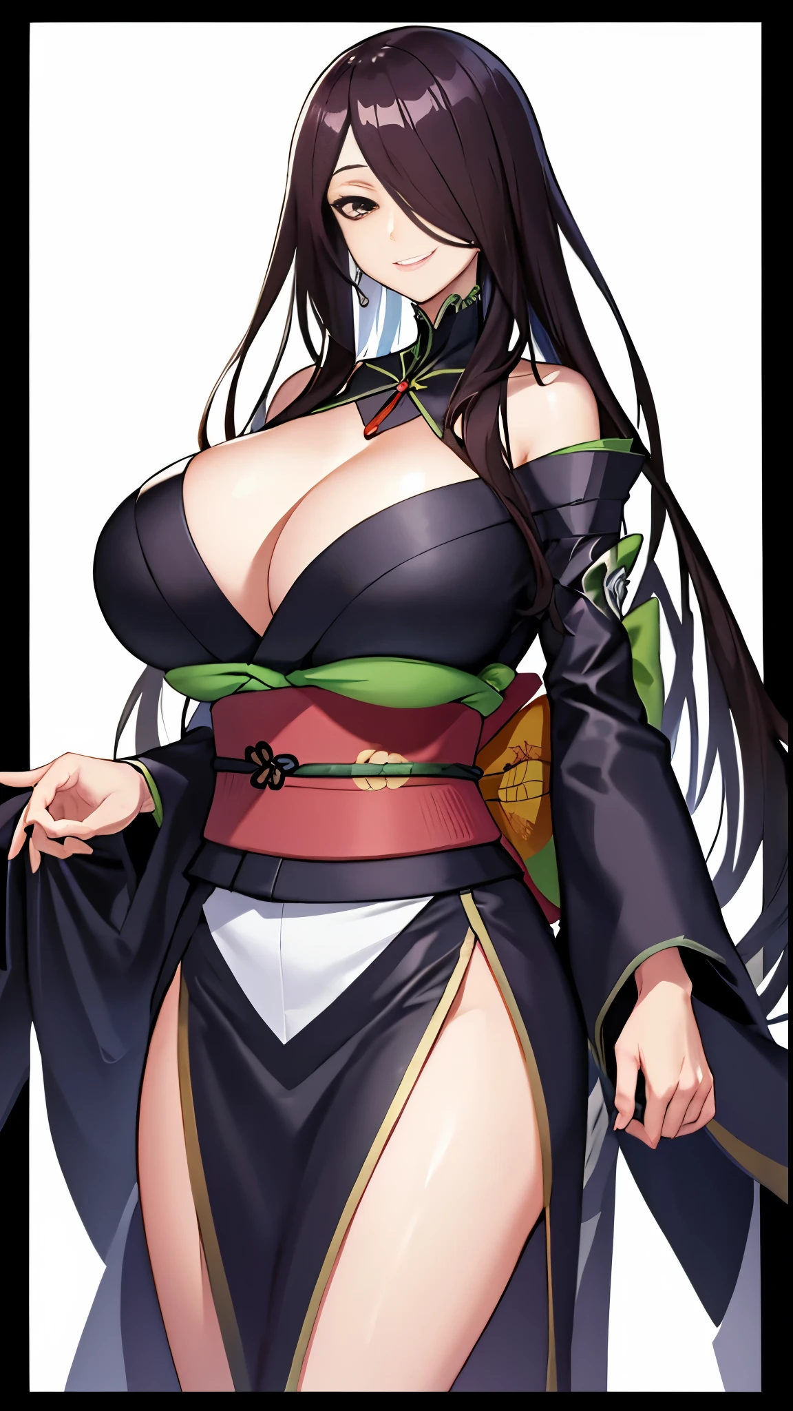 Hair on one eye,
(kimono:1.28),
smile,Mouth closed,
Lady,Mature Woman, Cowboy Shot,
(White Background, Simple Background:1.18),
High resolution,Official Art,original,masterpiece,highest quality,
(Huge breasts),
 