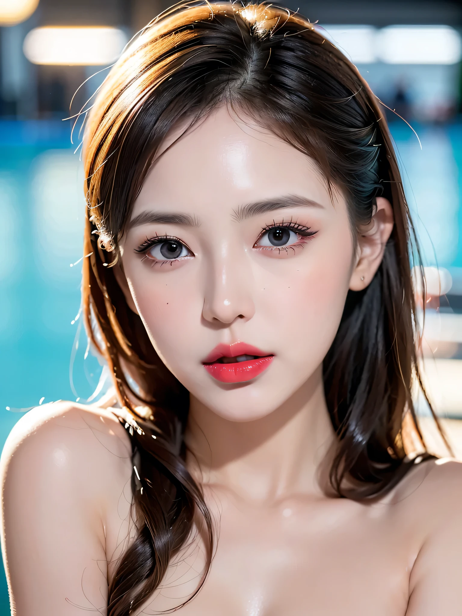 ((Near the huge summer pool)), Real、8k、 ((Anatomically correct)), ((Perfect balance)) , 28 years old、1 female、 A close-up of her face:0.6, Top quality soft lighting, ((realistic perfectly round brown_eye:1.3、Big Eyes、Dripping eye)), (Light pale complexion), ((Detailed pupils:1.4)), (Perfect Makeup:1.3), (Symmetrical lips:1.3)),(Bright shiny red_lipstick:1.35), ((Blue eyelashes: 1.17)), (Very detailed, Beautiful little nose:1.2), (Perfect composition), ((Sunburned skin:1.28)), ((Oily skin)), ((The blackYshirt, The blackチューブトップブラジャー) , The background is simple and blue, The gaze is directed downwards at a low angle、 (((Anatomically correct)))、(Perfect Body Proportions)、(Natural Hands、Natural Fingers、Natural Legs)