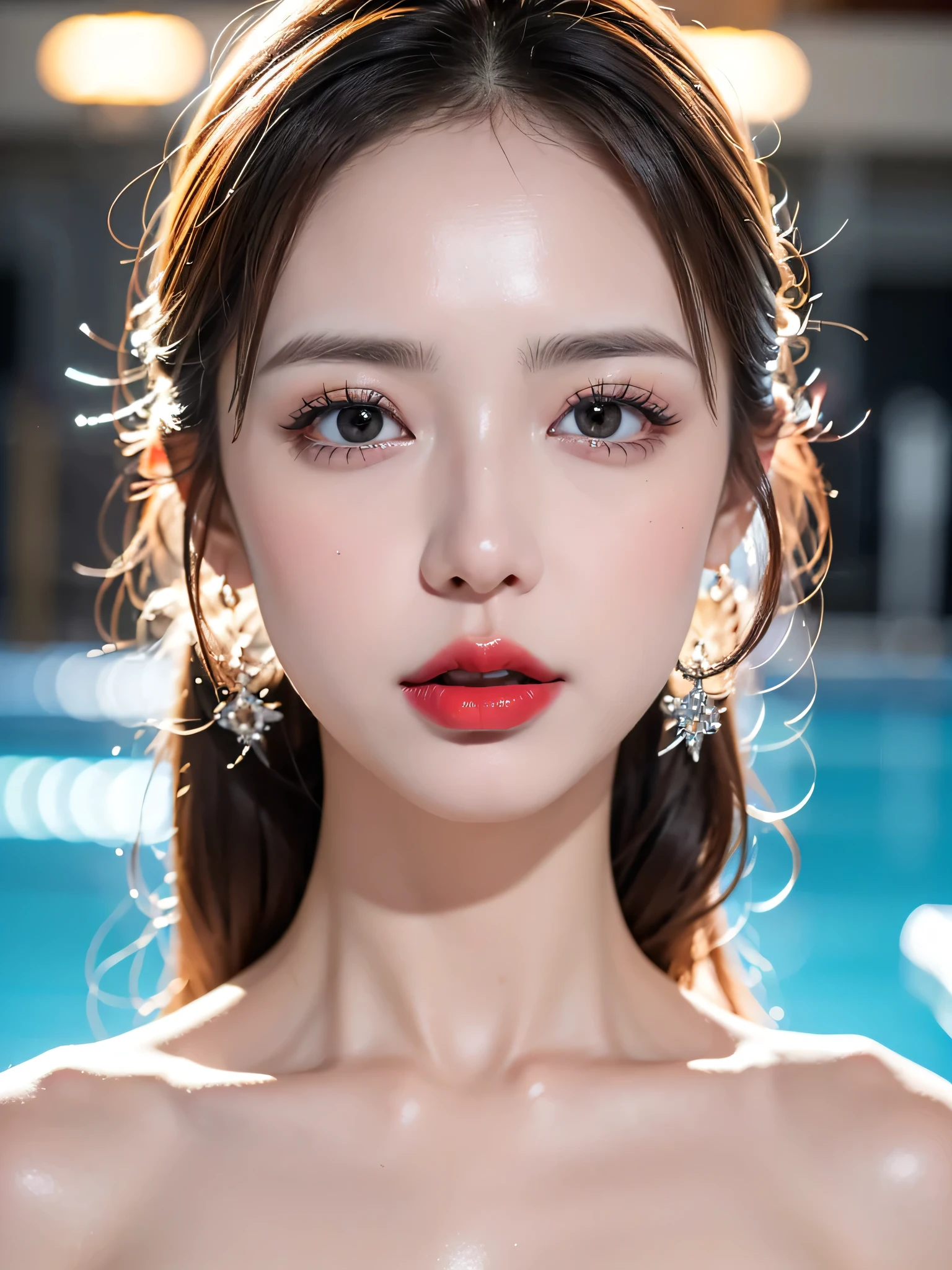 ((Near the huge summer pool)), Real、8k、 ((Anatomically correct)), ((Perfect balance)) , 28 years old、1 female、 A close-up of her face:0.6, Top quality soft lighting, ((realistic perfectly round brown_eye:1.3、Big Eyes、Dripping eye)), (Light pale complexion), ((Detailed pupils:1.4)), (Perfect Makeup:1.3), (Symmetrical lips:1.3)),(Bright shiny red_lipstick:1.35), ((Blue eyelashes: 1.17)), (Very detailed, Beautiful little nose:1.2), (Perfect composition), ((Sunburned skin:1.28)), ((Oily skin)), ((The blackＹshirt, The blackチューブトップブラジャー) , The background is simple and blue, The gaze is directed downwards at a low angle、 (((Anatomically correct)))、（Perfect Body Proportions)、(Natural Hands、Natural Fingers、Natural Legs)