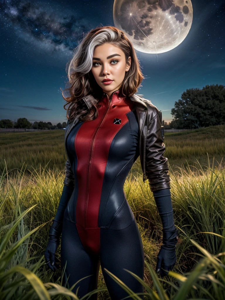 Madison Beer as Rogue, looking at viewer, short hair, Xtreme,jacket, sky, red and black bodysuit, red bodysuit, night, moon, grass, star (sky), night sky, full moon, starry sky, specular highlights, Rogue of the X-men, dynamic lighting, rim lighting, sci fi