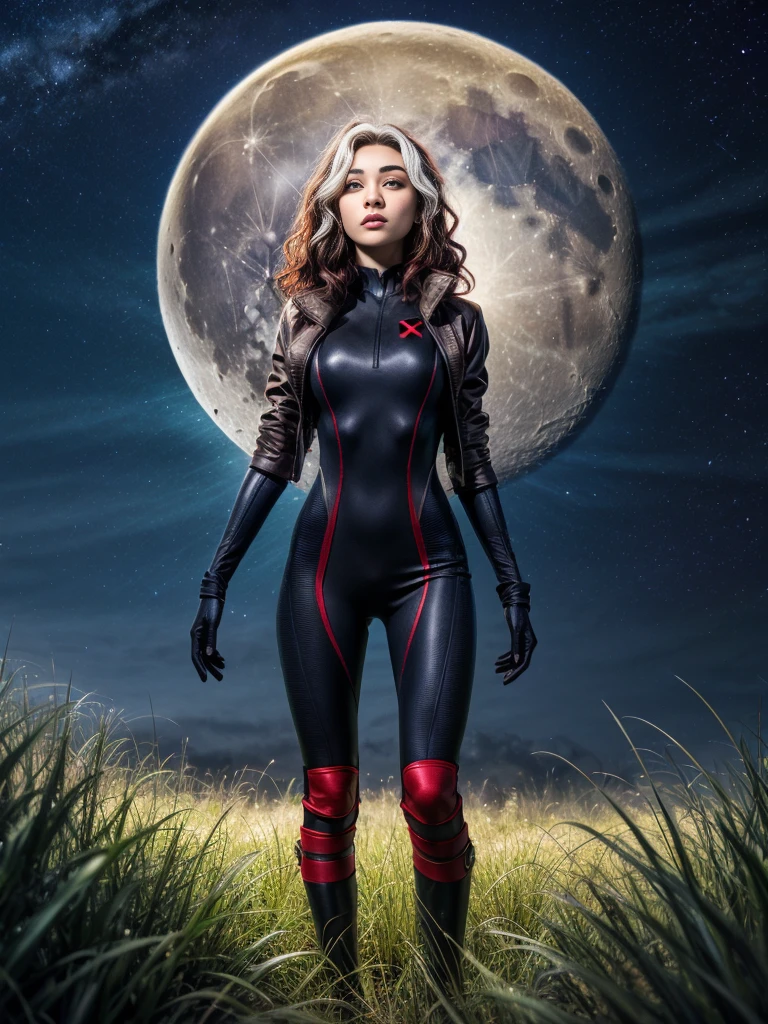 Madison Beer as Rogue, looking at viewer, short hair, Xtreme,jacket, sky, red and black bodysuit, red bodysuit, night, moon, grass, star (sky), night sky, full moon, starry sky, specular highlights, Rogue of the X-men, dynamic lighting, rim lighting, sci fi