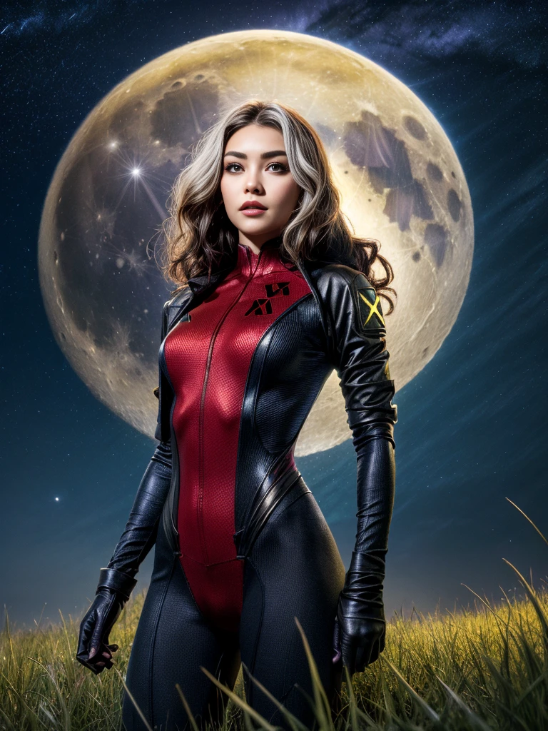 Madison Beer as Rogue, looking at viewer, short hair, Xtreme,jacket, sky, red and black bodysuit, red bodysuit, night, moon, grass, star (sky), night sky, full moon, starry sky, specular highlights, Rogue of the X-men, dynamic lighting, rim lighting, sci fi