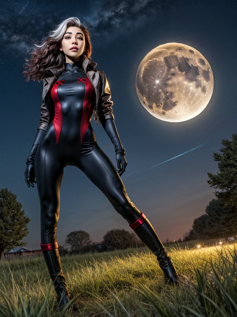 Madison Beer as Rogue, looking at viewer, short hair, Xtreme,jacket, sky, red and black bodysuit, red bodysuit, night, moon, grass, star (sky), night sky, full moon, starry sky, specular highlights, Rogue of the X-men, dynamic lighting, rim lighting, sci fi